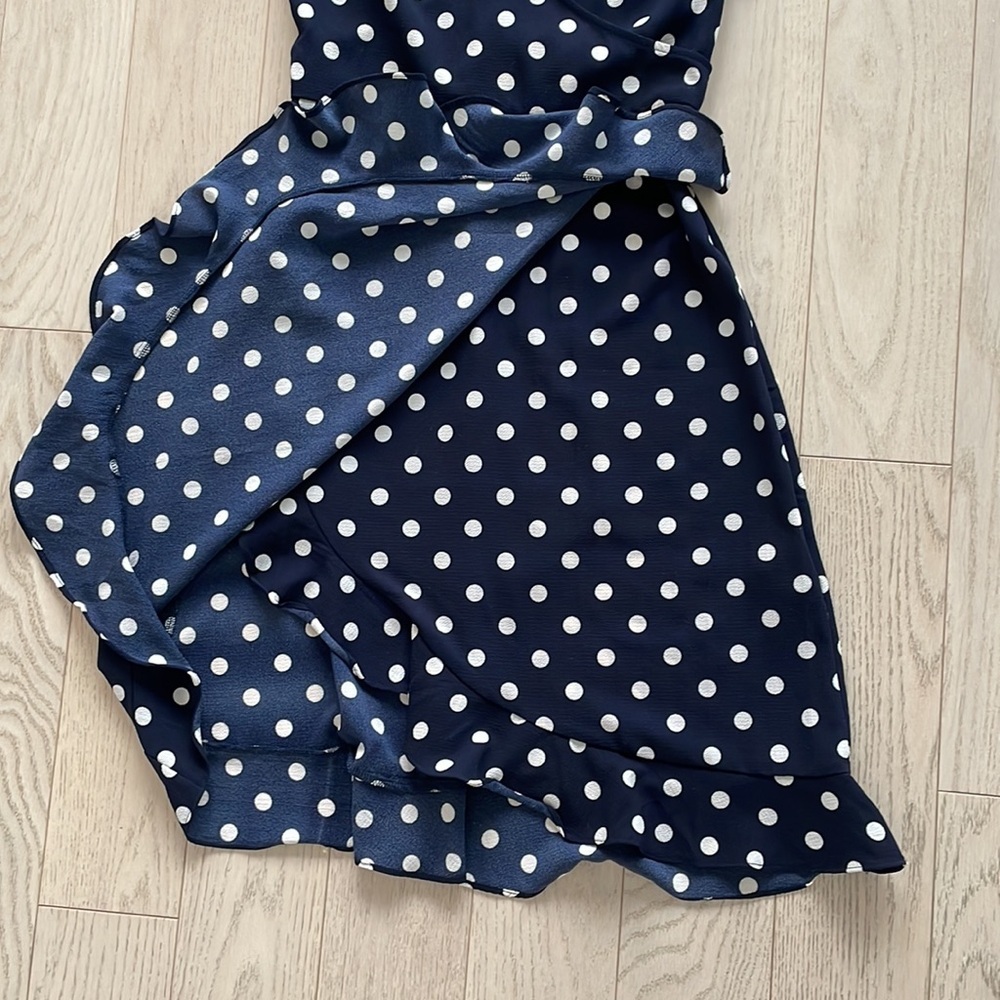 Suzy Shier Navy Blue and White Polka Dot Wrap Dress - Picture 4 of 8